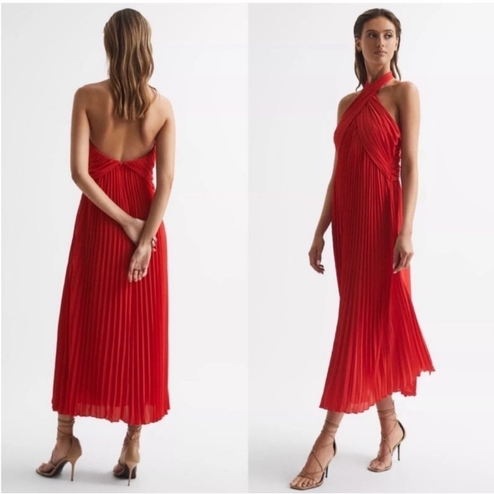 Reiss Roya Pleated Midi Halter Neck dress in Red Size 6